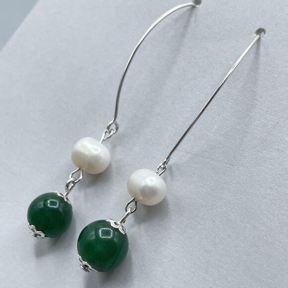 925 Sterling Silver Genuine Emerald Green Gemstone Pearl Dangle Hoop Earrings - Picture 8 of 10